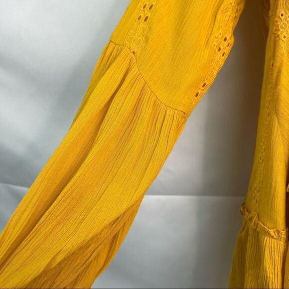 Adiva Mustard Gold Ruffled Boho Long sleeve tunic gauze top - Picture 10 of 16